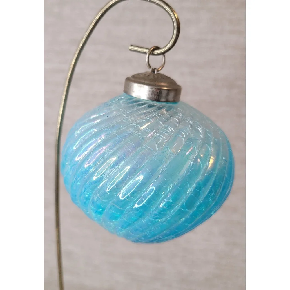 Vintage Hand Blown Iridescent Aqua Blue Art Glass Shell Christmas Ornament 3.5